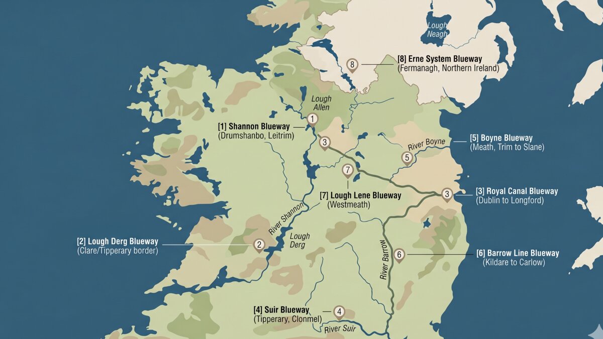 Map of Ireland marking the eight major designated blueways: Shannon, Lough Derg, Royal Canal, Suir, Boyne, Barrow Line, Lough Lene, and Erne System