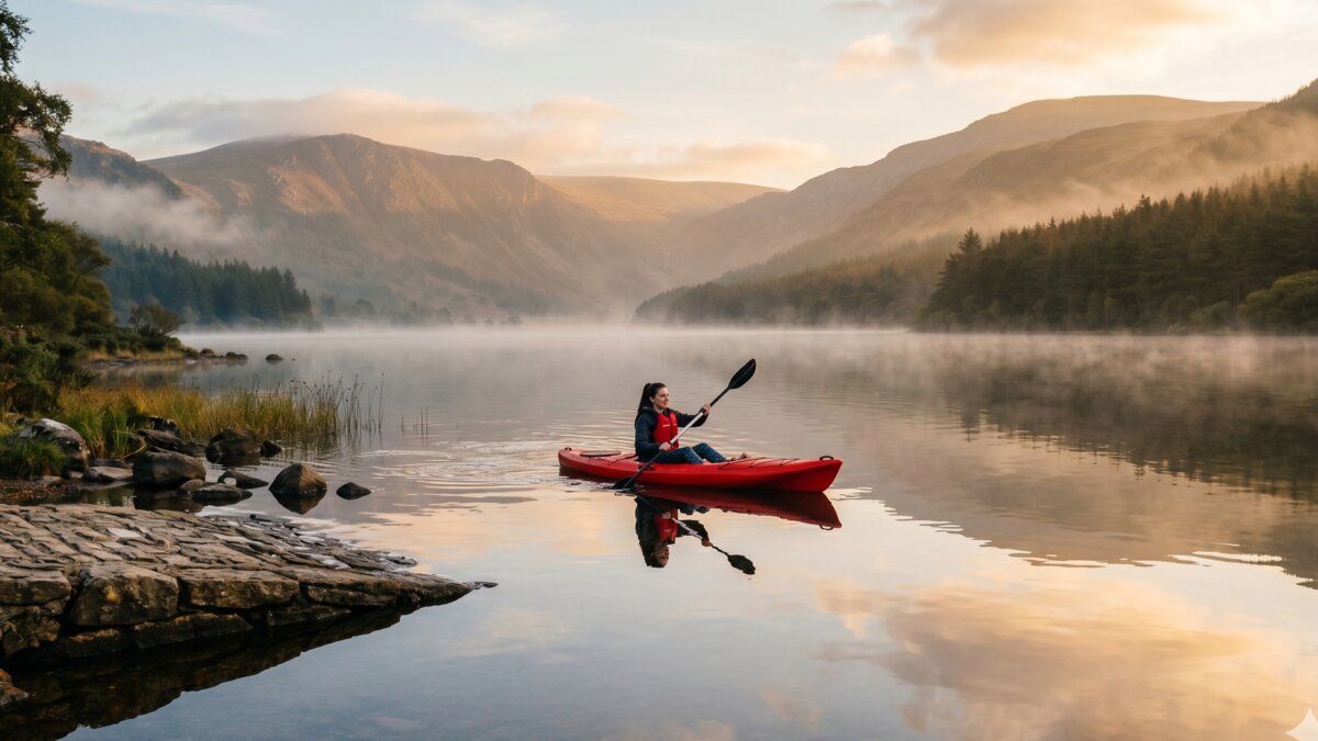 A beginner paddler in a red sit-on-top kayak on a glassy Irish lake at dawn, mist rising from the water, forested shore in the background, calm conditions ideal for a first paddle