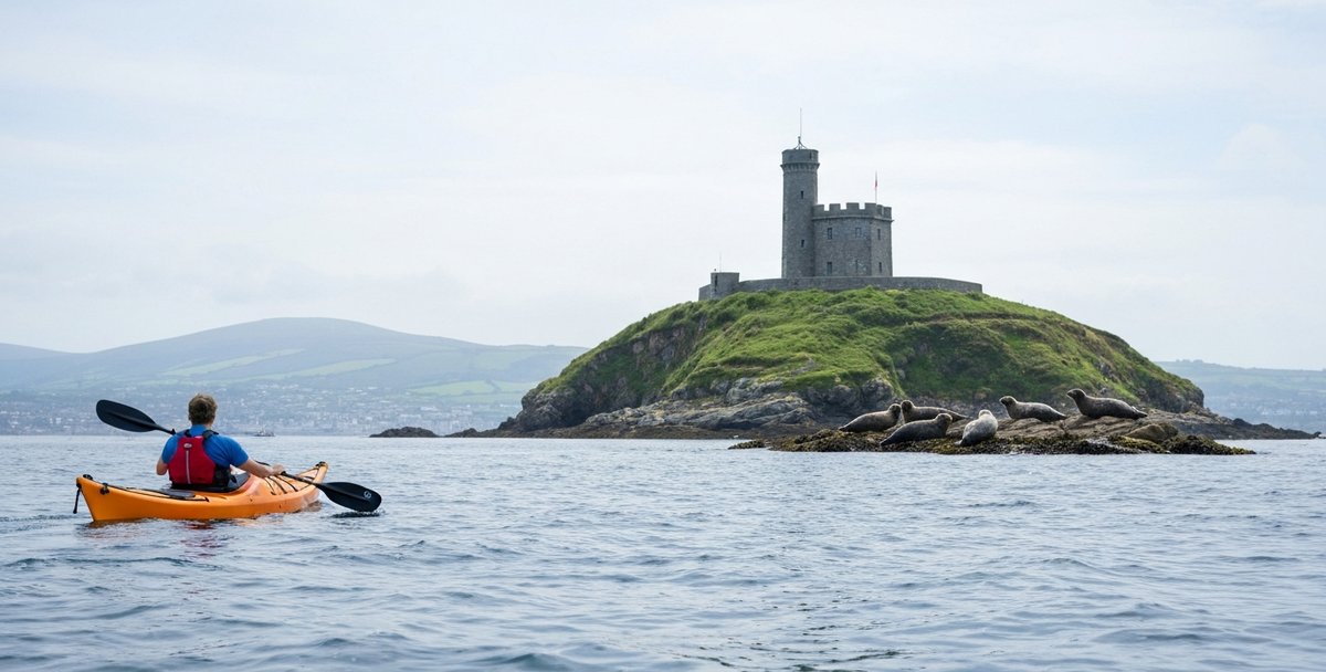 Sit-on-top sea kayaker in a red buoyancy aid paddling toward the granite Martello tower on Dalkey Island, the seal colony visible on the rocks to the right, Dalkey Sound with a slight chop between the island and the Bullock Harbour shore, the Dublin mountains blue in the distance under a partly cloudy Irish summer sky