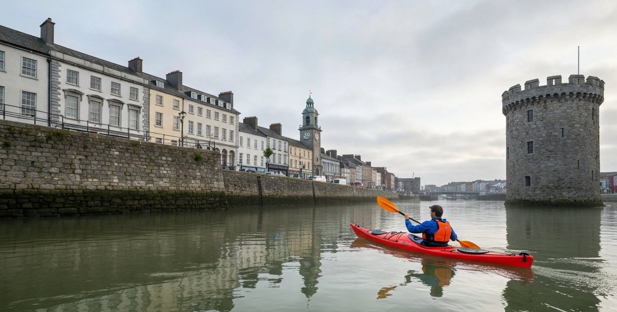 Wide-angle view from a kayak on the River Suir alongside Waterford City's medieval quays — Reginald's Tower and the Viking city walls visible above the riverside, soft morning light on the tidal water
