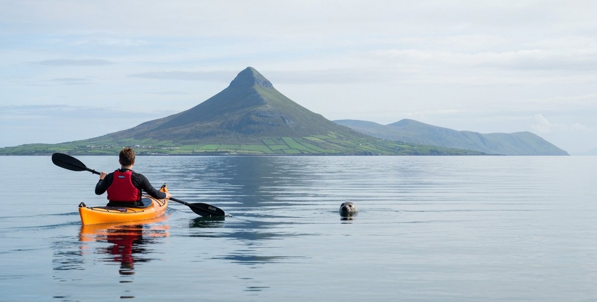 Eye-level sea kayaking photograph in calm Bantry Bay on a bright summer morning, a kayaker in an orange sit-on-top and red buoyancy aid mid-stroke in the foreground, the green mountains of the Beara Peninsula and the distinctive cone of Hungry Hill rising behind, mirror-flat sea, a grey seal head visible just above the water in the middle distance