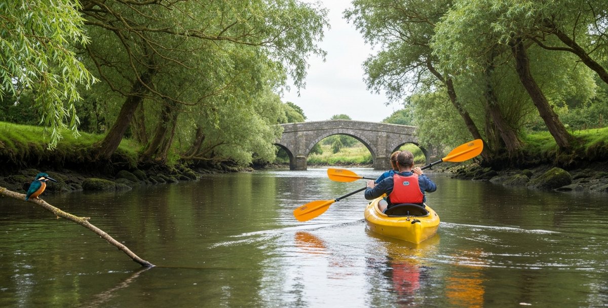 Eye-level kayaking photograph on the tidal River Slaney at Edermine Bridge in central Wexford, Ireland, on a calm summer morning, two paddlers in a yellow tandem sit-on-top kayak mid-stroke in the foreground, willow trees lining both banks of the gently winding river, a stone arch of the Edermine Bridge visible in the middle distance, kingfisher perched on a low willow branch on the left bank, soft Irish summer overcast light, calm green-brown river water, paddlers photographed from behind with faces not visible, no readable text or logos
