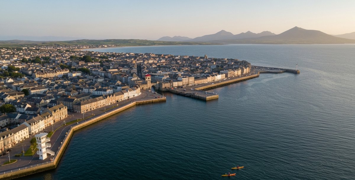 Aerial photograph at golden hour of Galway city from over Galway Bay, the River Corrib visible flowing through the city to the Claddagh basin, two sea kayaks in the sheltered inner bay near the Salthill shore, the Burren hills faint across the water to the south and the Twelve Bens of Connemara on the north-west horizon