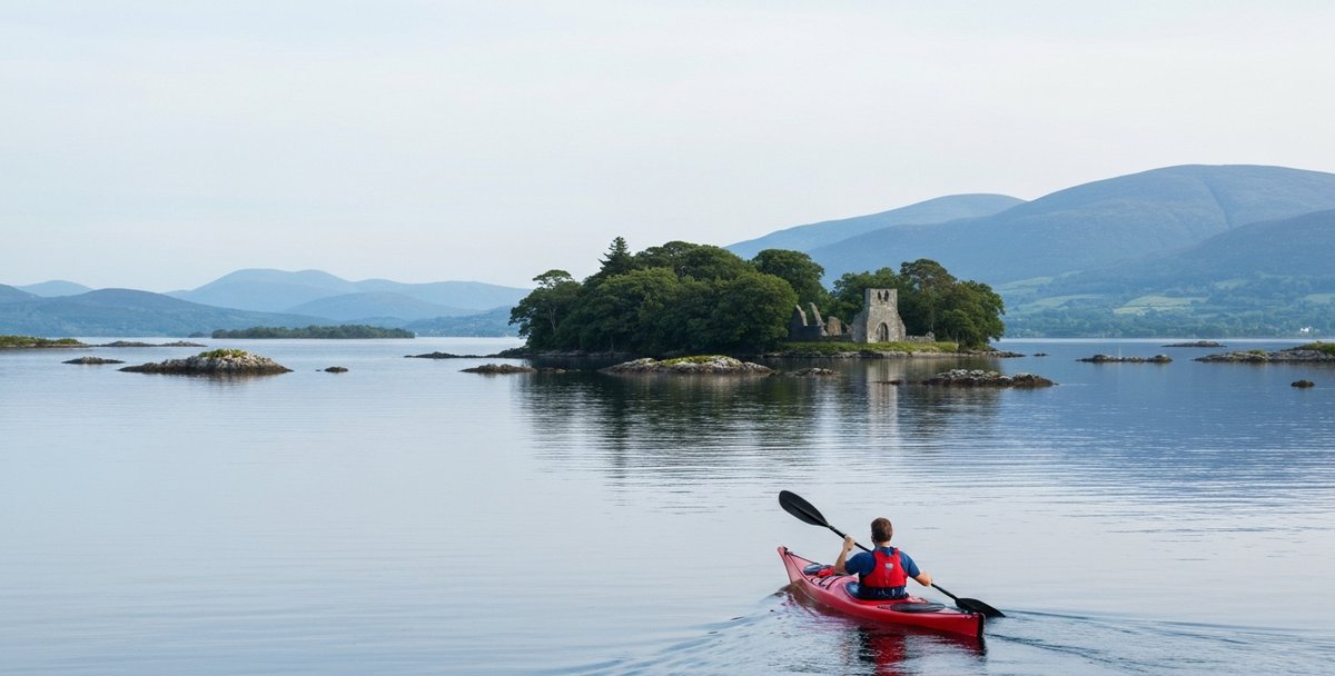Sea kayak on the calm southern basin of Lough Corrib near Oughterard, Ireland, paddling toward the wooded island of Inchagoill with its twelfth-century church ruins, the peaks of the Twelve Bens of Connemara blue on the north-west horizon, still summer morning water mirroring the sky