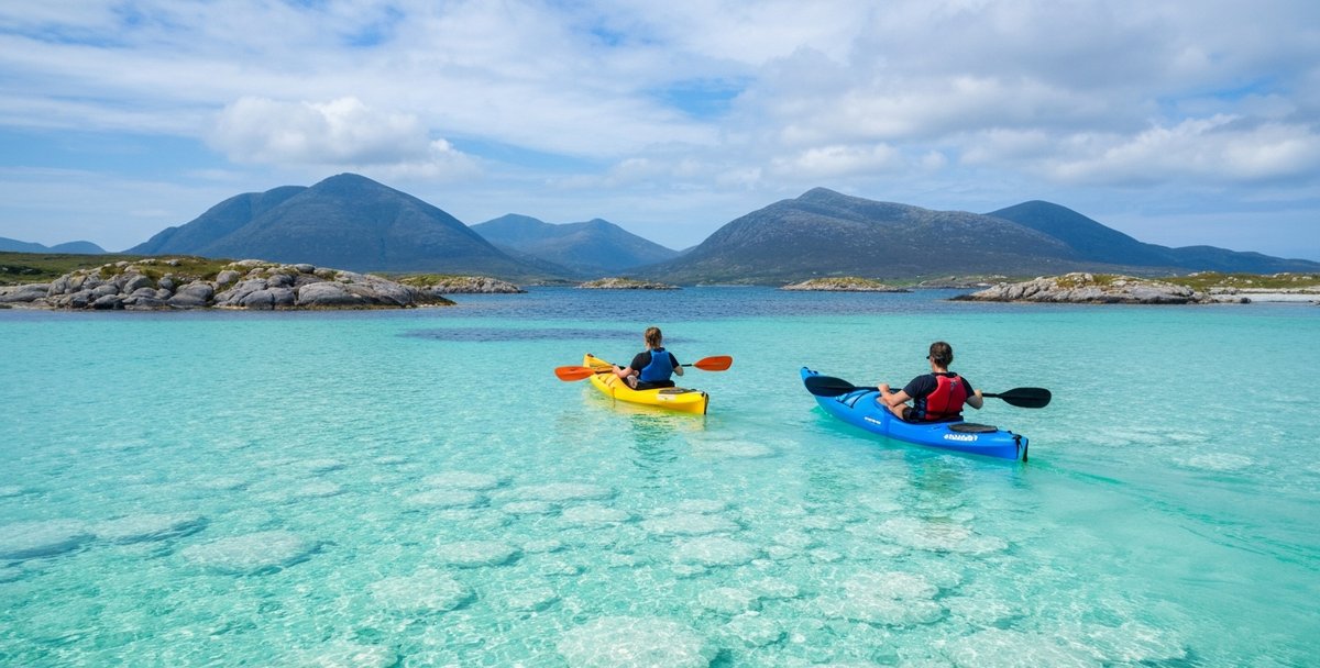 Kayaker on the turquoise water of the Mannin Bay coral strand near Ballyconneely in Connemara, Ireland, the white marl beach glowing pale beneath clear shallow water, low granite islands scattered across the bay, the Twelve Bens rising inland under a bright Atlantic sky