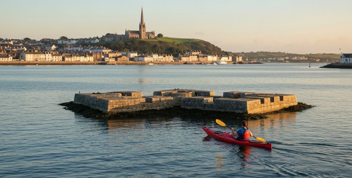 Eye-level photograph of a sea kayak on Cork Harbour, Ireland, at golden hour, paddling toward Spike Island's star-shaped fort walls with the town of Cobh and St Colman's Cathedral spire visible on the hillside of Great Island in the background, calm sheltered harbour water, soft evening light