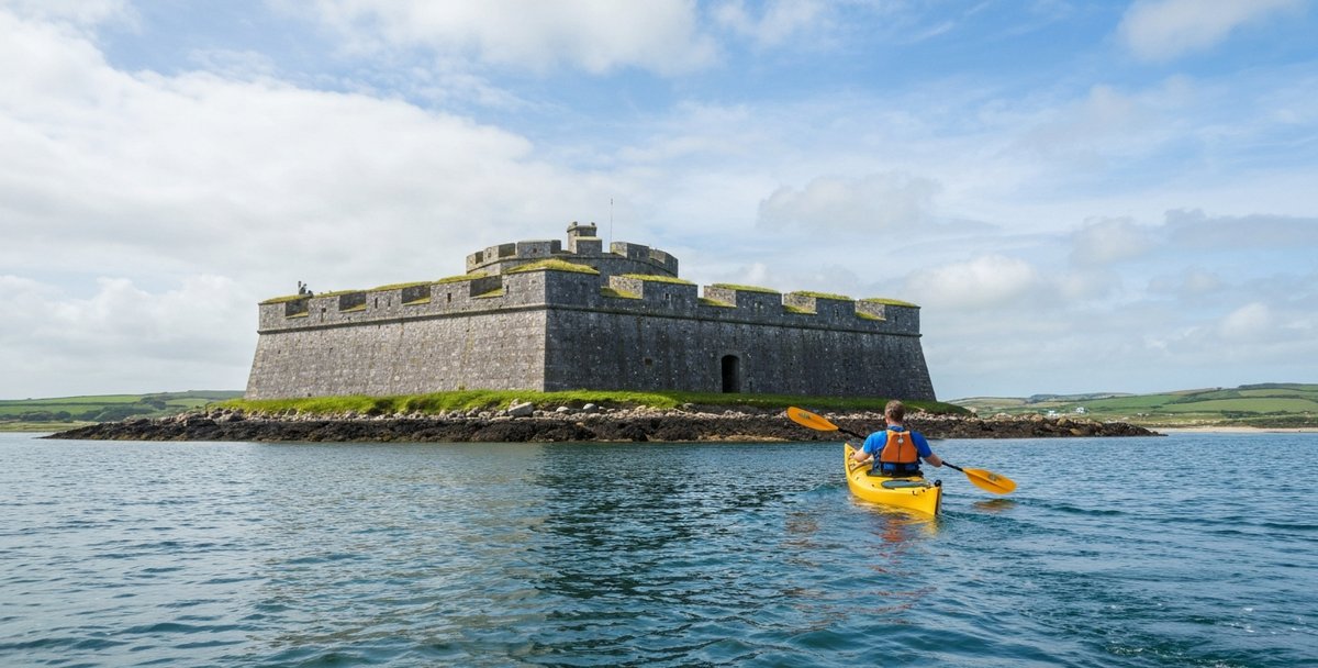 Eye-level photograph of a sea kayak approaching Charles Fort at Summer Cove, Kinsale, County Cork, Ireland, the 17th-century star-shaped fortification's stone ramparts rising above the shoreline, calm sheltered harbour water in the foreground, bright Irish summer light