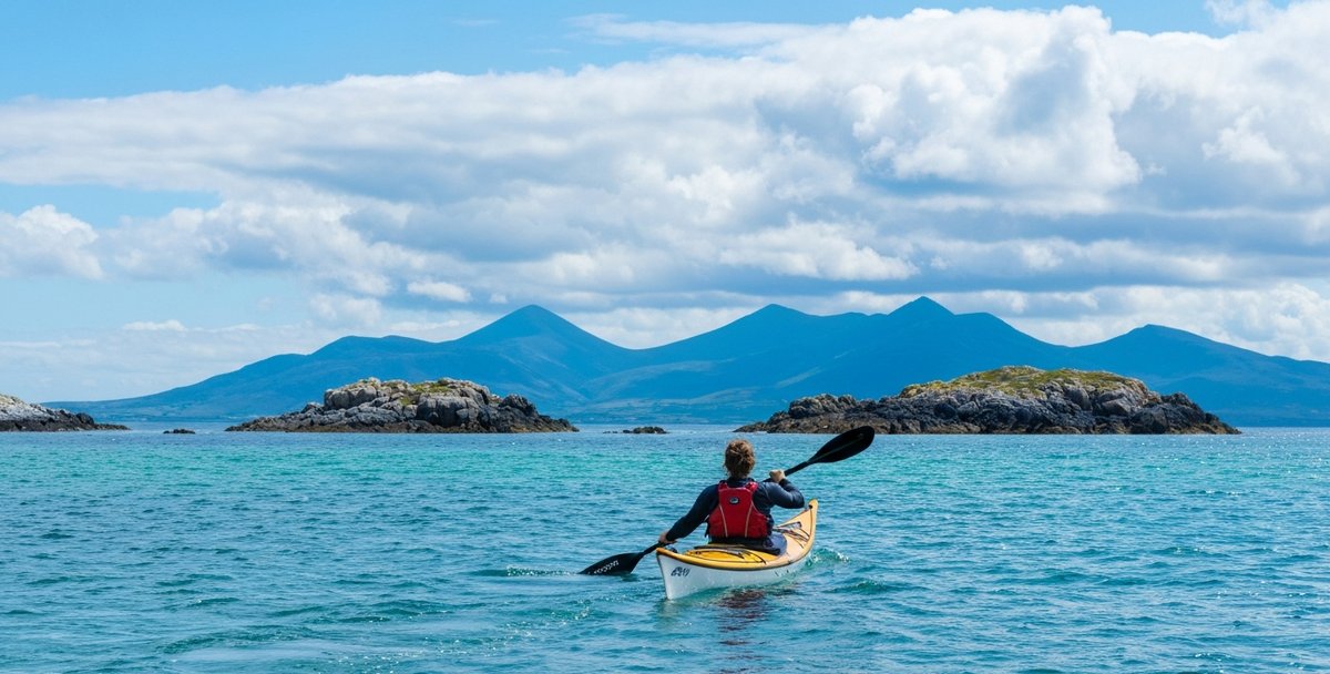 Eye-level kayaking photograph on the wild Atlantic coastline near Roundstone, County Galway, Ireland, on a bright clear day, a single kayaker mid-stroke in the foreground photographed from behind so face not visible, granite skerries and small rocky islands scattered across turquoise water in the middle distance, the Twelve Bens mountain range visible as a blue silhouette on the horizon, dramatic natural light with scattered high cloud