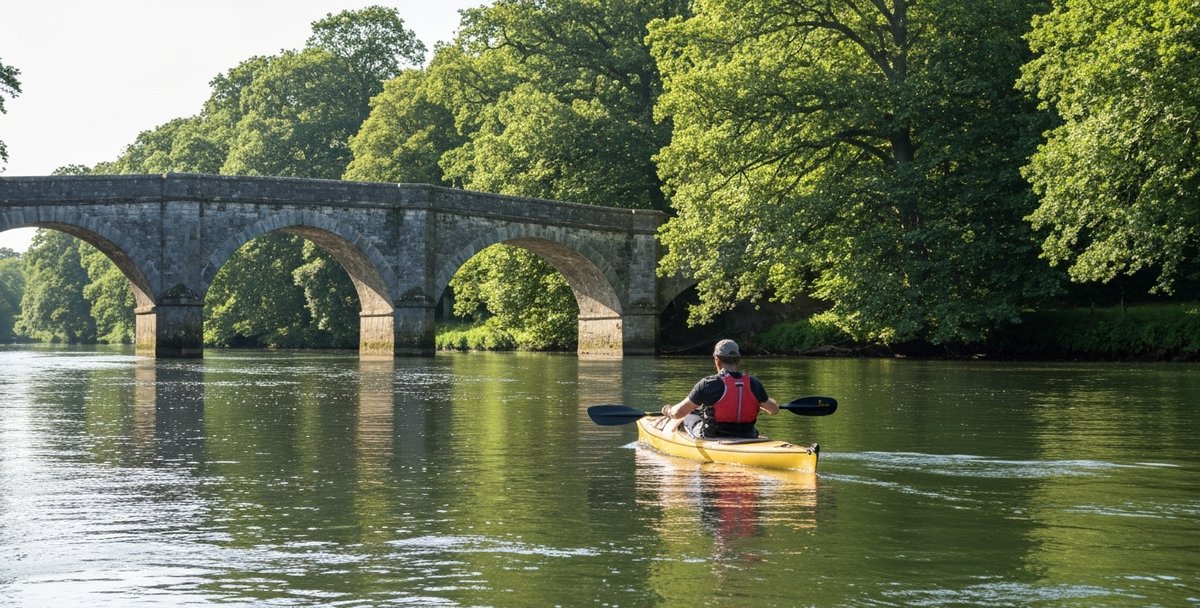 Eye-level kayaking photograph on the River Nore beneath the historic ten-arch stone bridge at Inistioge, County Kilkenny, Ireland, on a calm summer afternoon, a single kayaker mid-stroke in the foreground photographed from behind so face not visible, mature beech and oak woodland of the Woodstock Estate lining the far bank in soft dappled light, the stone arches of the bridge visible in the middle distance, warm late-afternoon sunlight, calm green river water