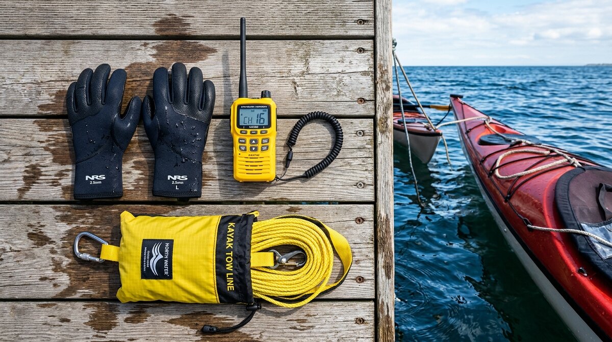 Flat-lay of essential sea kayaking safety gear on a dock, including neoprene gloves, a VHF marine radio, and a yellow tow line