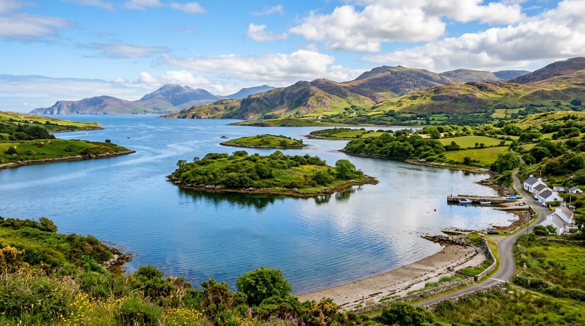 Wide landscape scene of Mulroy Bay showing calm, sheltered blue water and small green islands in Donegal