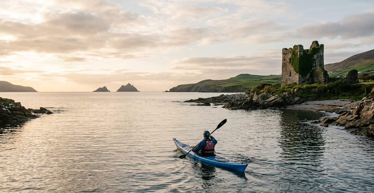 Eye-level photograph of a sea kayak on Ballinskelligs Bay, County Kerry, Ireland, the ruins of Ballinskelligs Castle visible on the shoreline, Skellig Michael and Little Skellig faintly visible as distant silhouettes on the horizon, calm inner-bay water, late afternoon Atlantic light