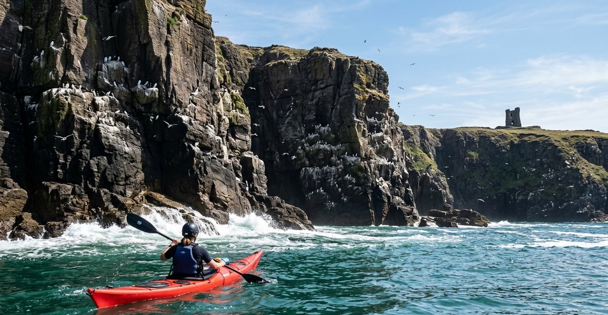 Eye-level photograph of a sea kayak below the sea cliffs near Eask Tower, Dingle Peninsula, County Kerry, Ireland, razorbills and guillemots nesting on the rock ledges above, Atlantic swell against the base of the cliffs, the stone tower visible on the clifftop, bright Irish summer light