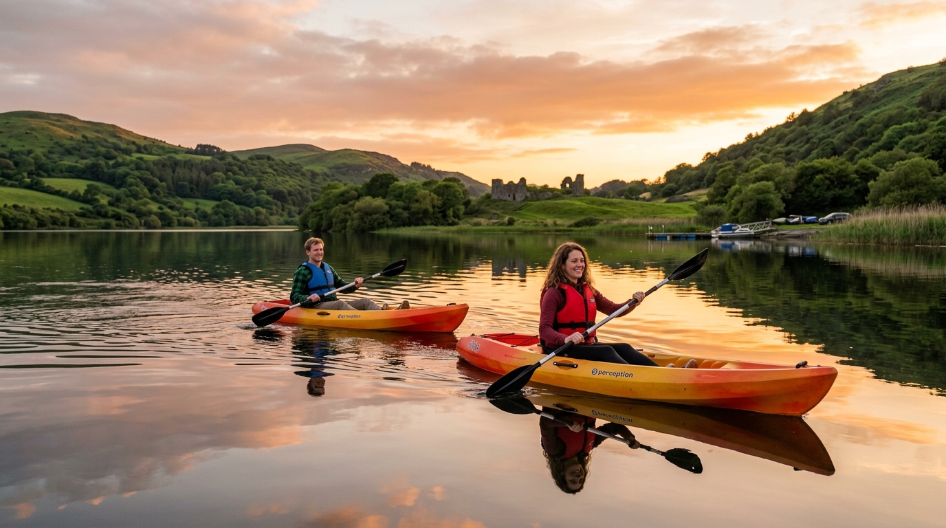 A flat-lay of essential kayaking gear including a PFD, paddle, and safety throwline