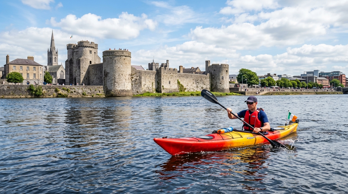 Kayaker on the River Shannon with King John's Castle in the background