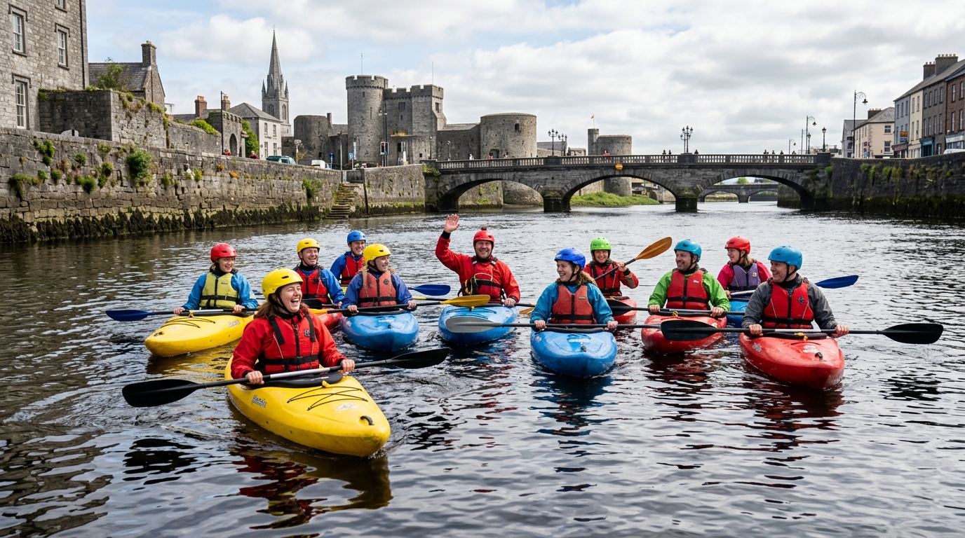 A group of kayakers on a guided tour on the River Shannon in Limerick City