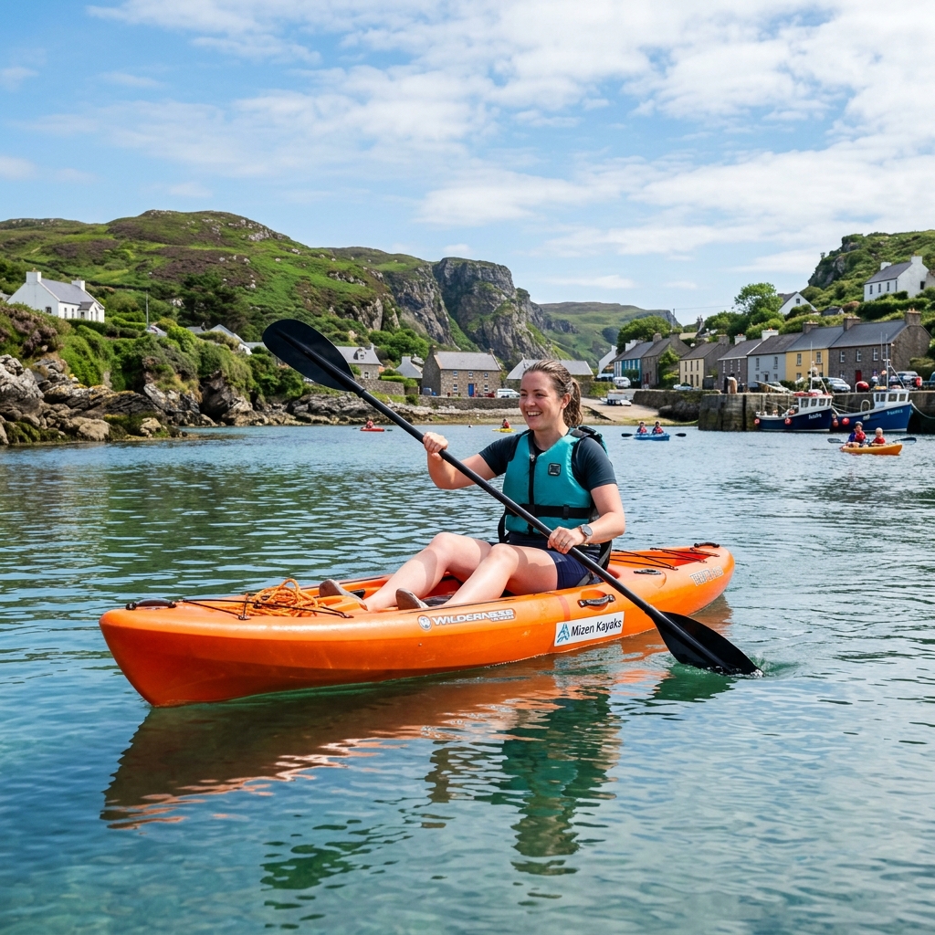 A flat-lay of essential kayaking gear including a PFD, paddle, and VHF radio