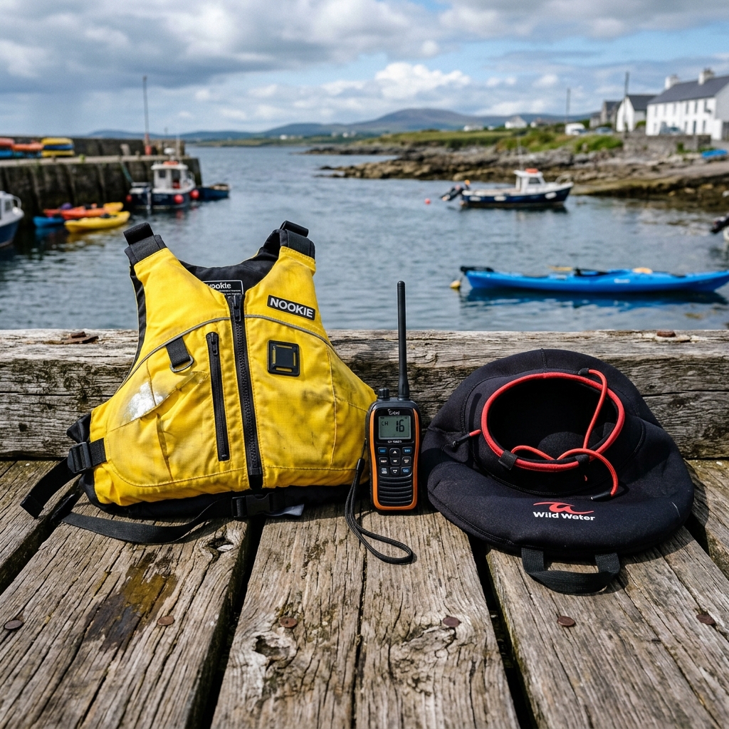 Essential kayaking safety gear including a PFD, paddle, and VHF radio