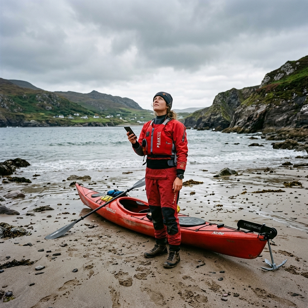 Skilled kayaker checking a marine map and compass on the beach