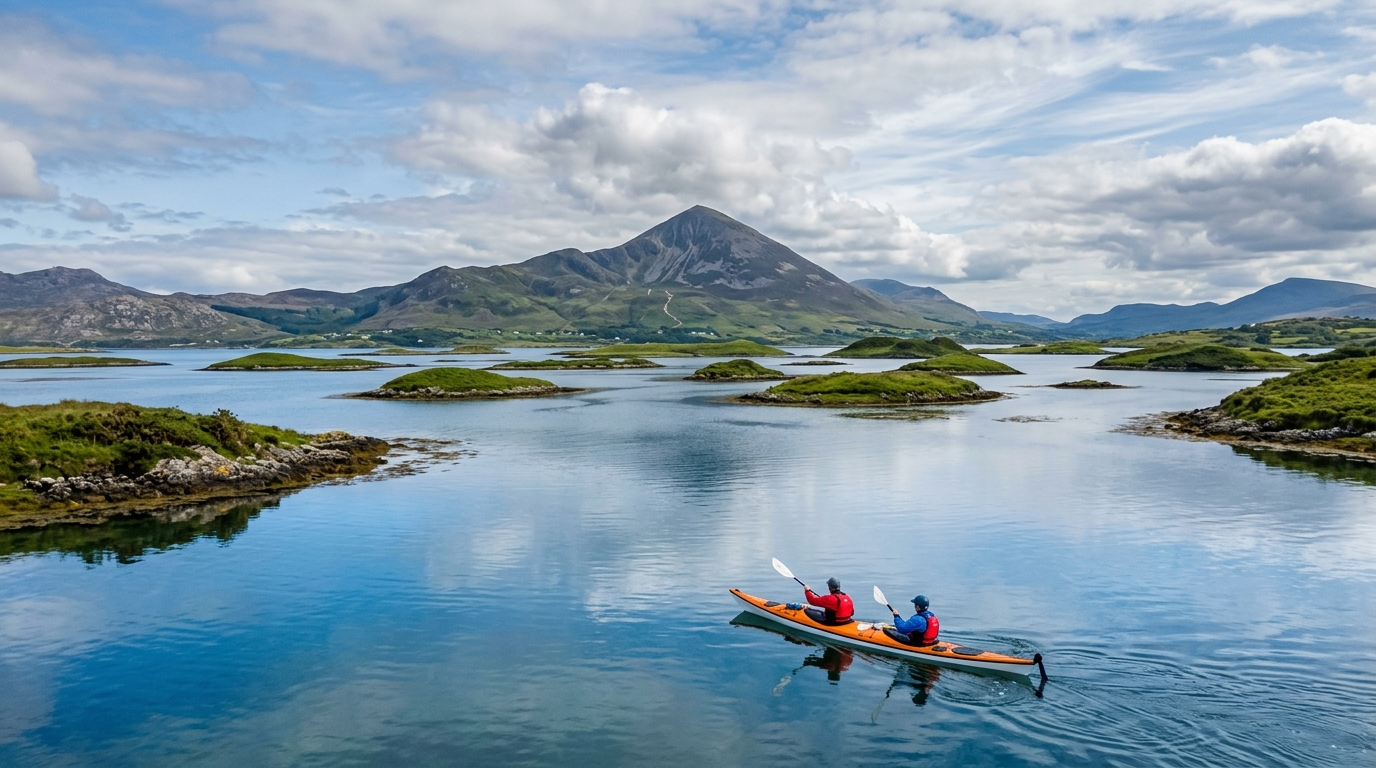 Sea kayaker paddling through the island channels of Clew Bay on a calm summer day in Mayo