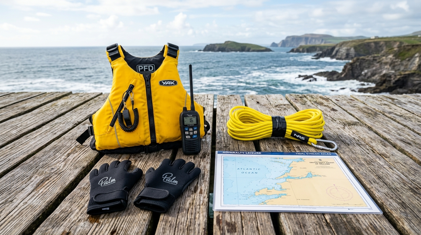 Flat-lay of essential sea kayaking gear including a yellow PFD, VHF radio, neoprene gloves, and tow line on an Irish pier