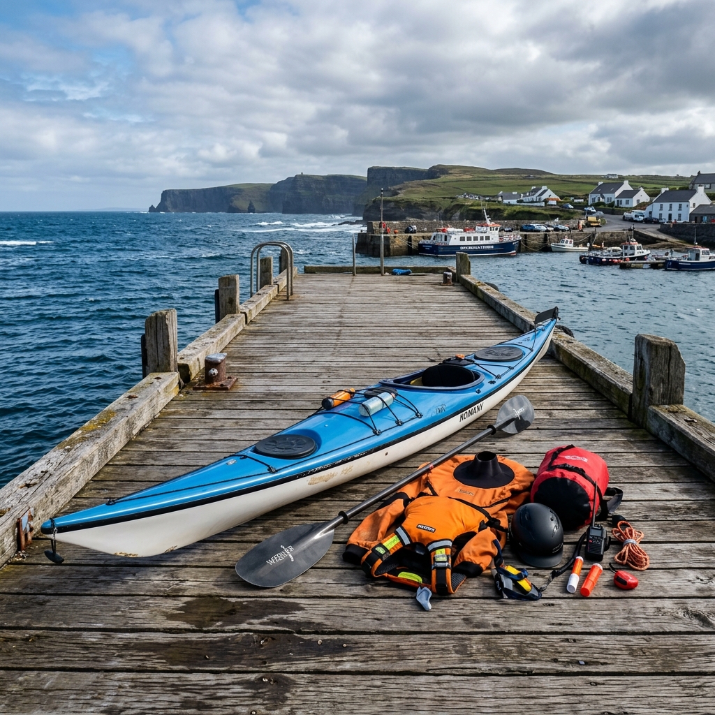 Essential sea kayaking gear laid out on a Clare pier including PFD, paddle, spray deck, and VHF radio