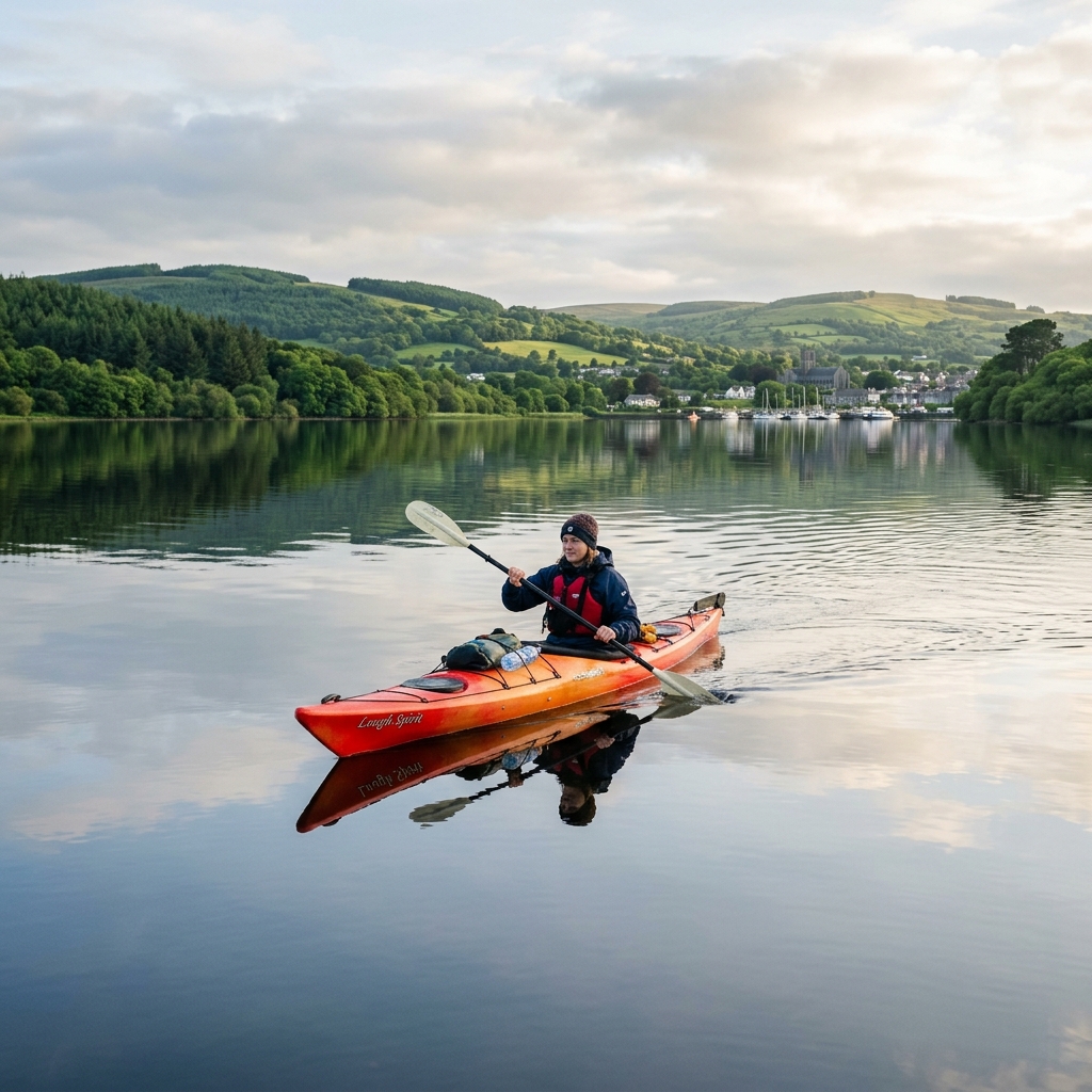 Kayaker paddling on the calm flat waters of Lough Derg near Killaloe in Clare