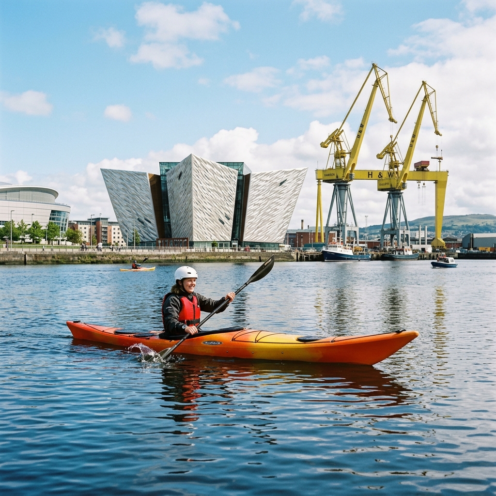 Urban kayaker paddling on the River Lagan in Belfast past the Titanic Quarter and iconic yellow cranes