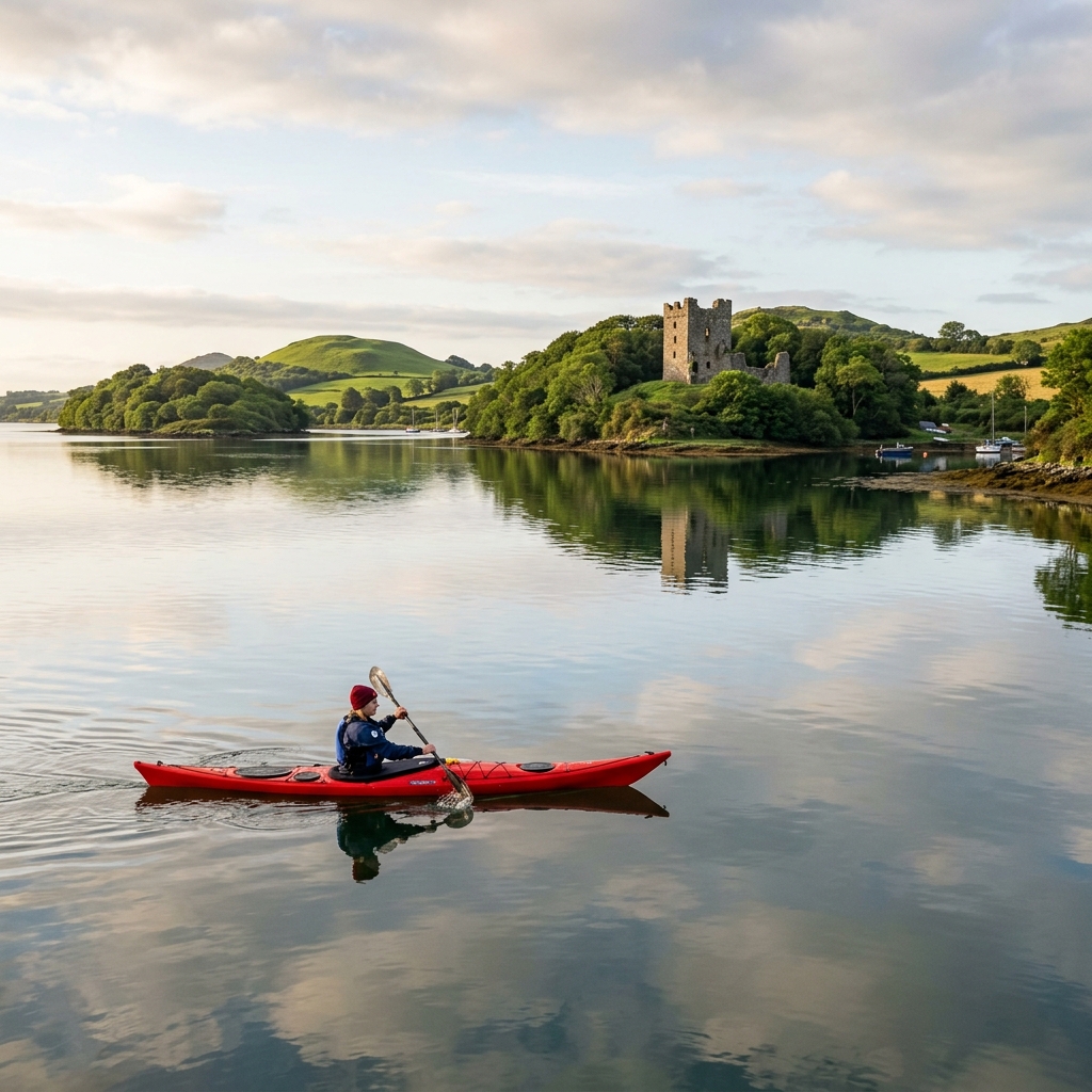 Kayaker on the calm waters of Strangford Lough with a ruined castle and grey seals in the background