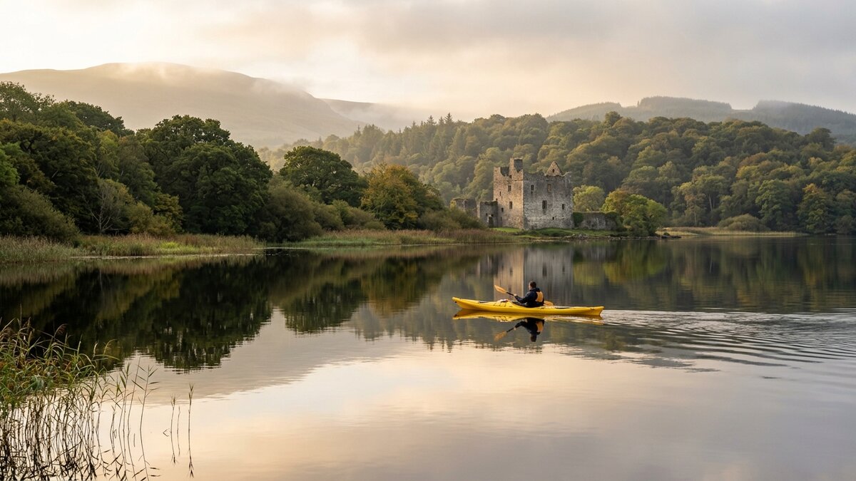 Calm waters and Parke's Castle on Lough Gill Sligo