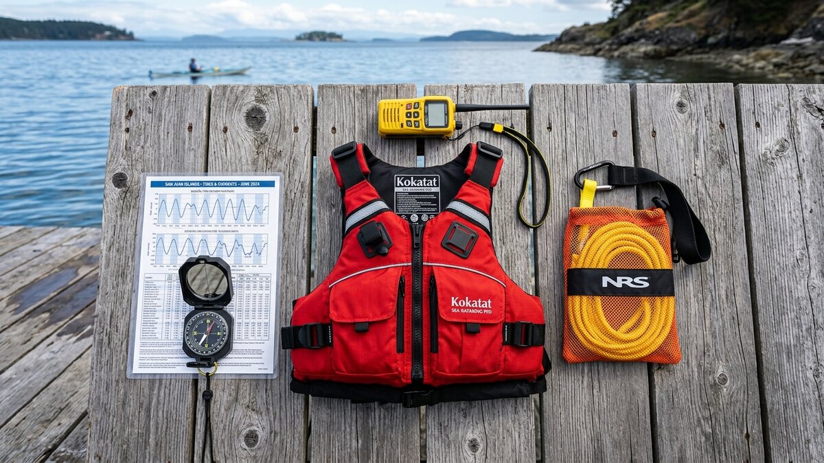 Flat-lay of marine VHF radio, tow line, tide tables, and touring PFD