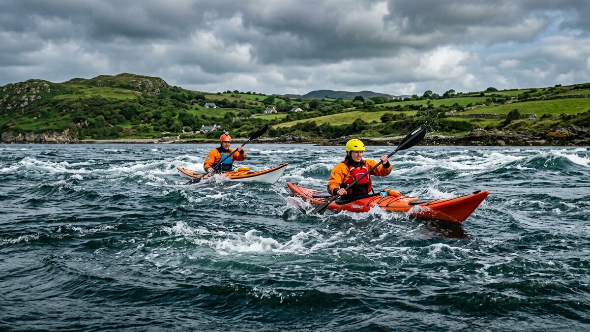 Experienced kayakers navigating fast-moving tidal currents in Strangford Narrows
