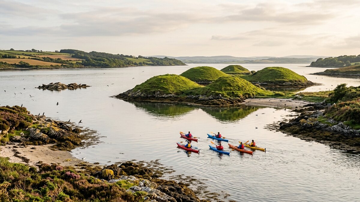 Calm sea kayaks paddling past green islands in Strangford Lough
