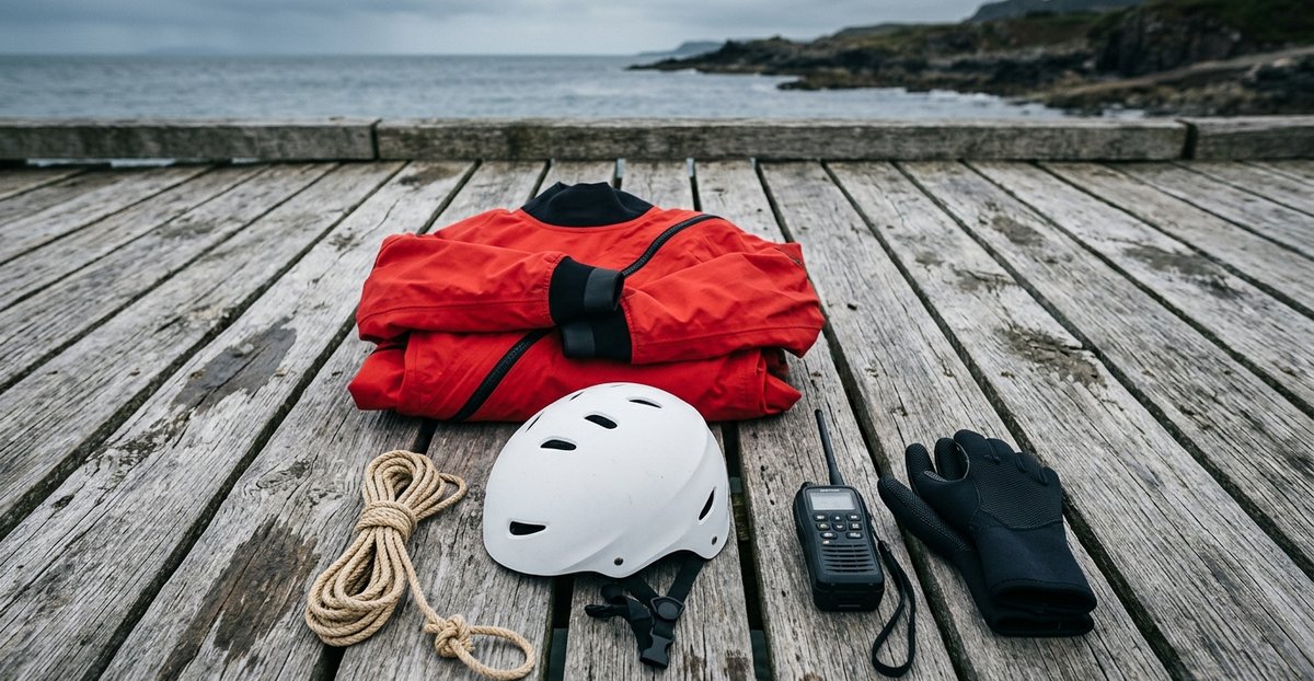 Drysuit, helmet and marine VHF radio laid out as essential kit for paddling the Causeway Coast