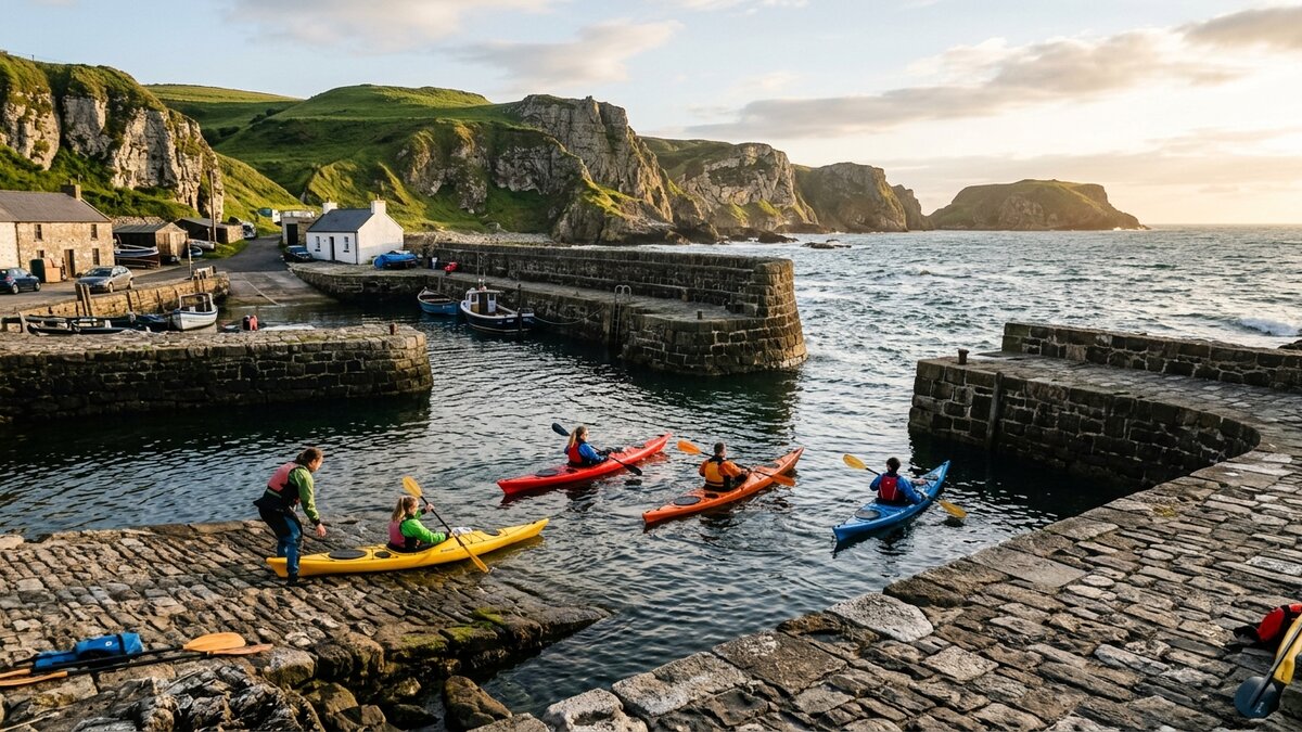 Colourful sea kayaks launching from the quaint stone walls of Ballintoy Harbour