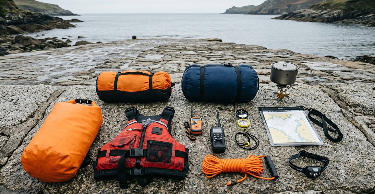 Sea kayak camping kit on a stone slipway: dry-bagged tent and sleeping bag, stove, chart, compass, VHF radio, PLB, head torch, throw line and buoyancy aid