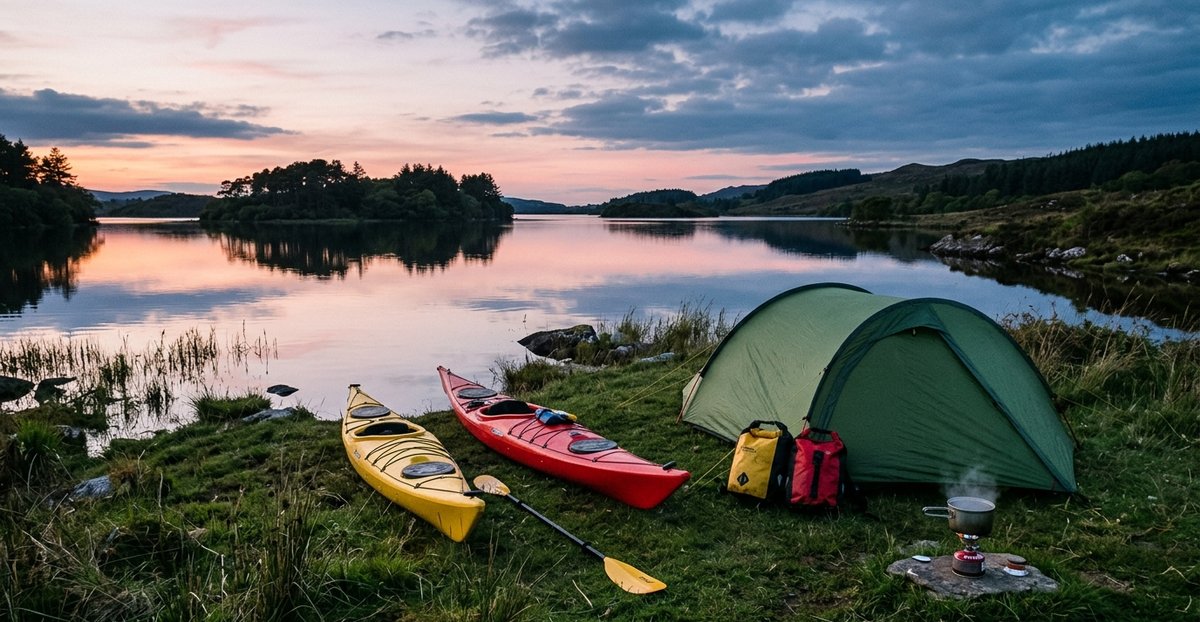 Kayak camping in Ireland: two sea kayaks pulled up beside a small green tent and a camping stove on the grassy shore of a lough at dusk