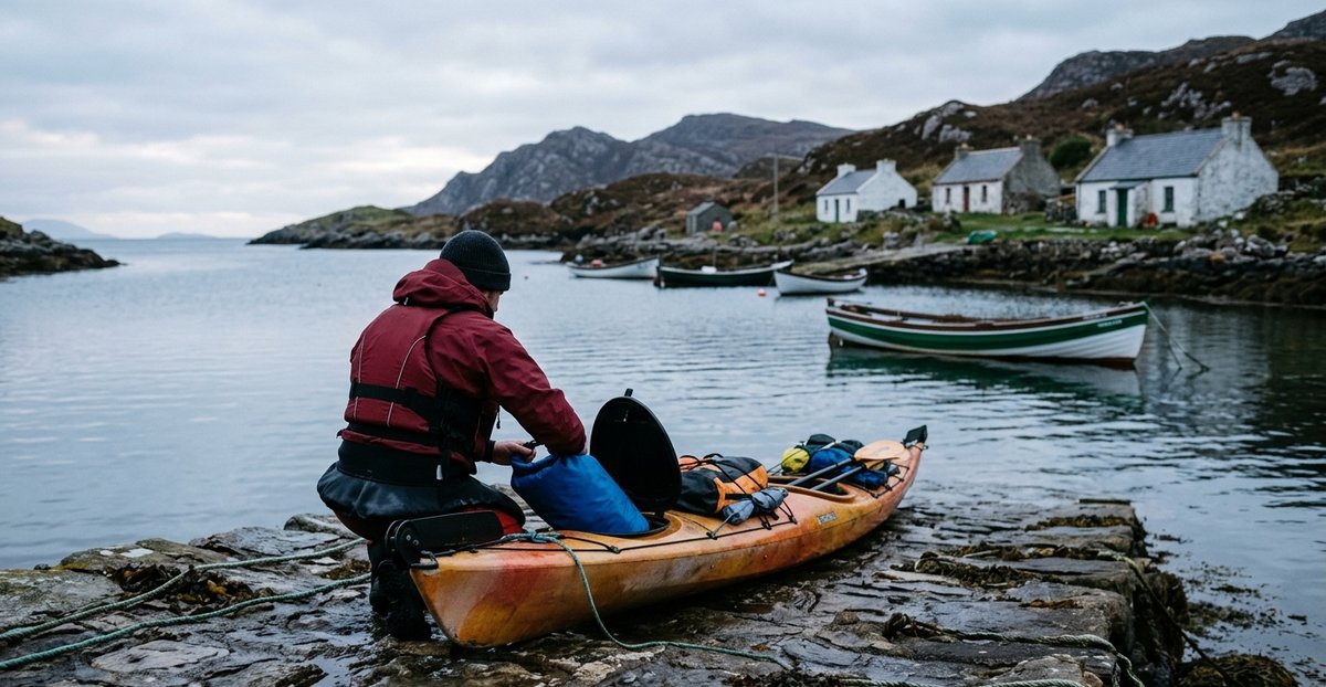 A sea kayaker loads a dry bag into the rear hatch of a laden sea kayak on a stone slipway in a small Irish island harbour
