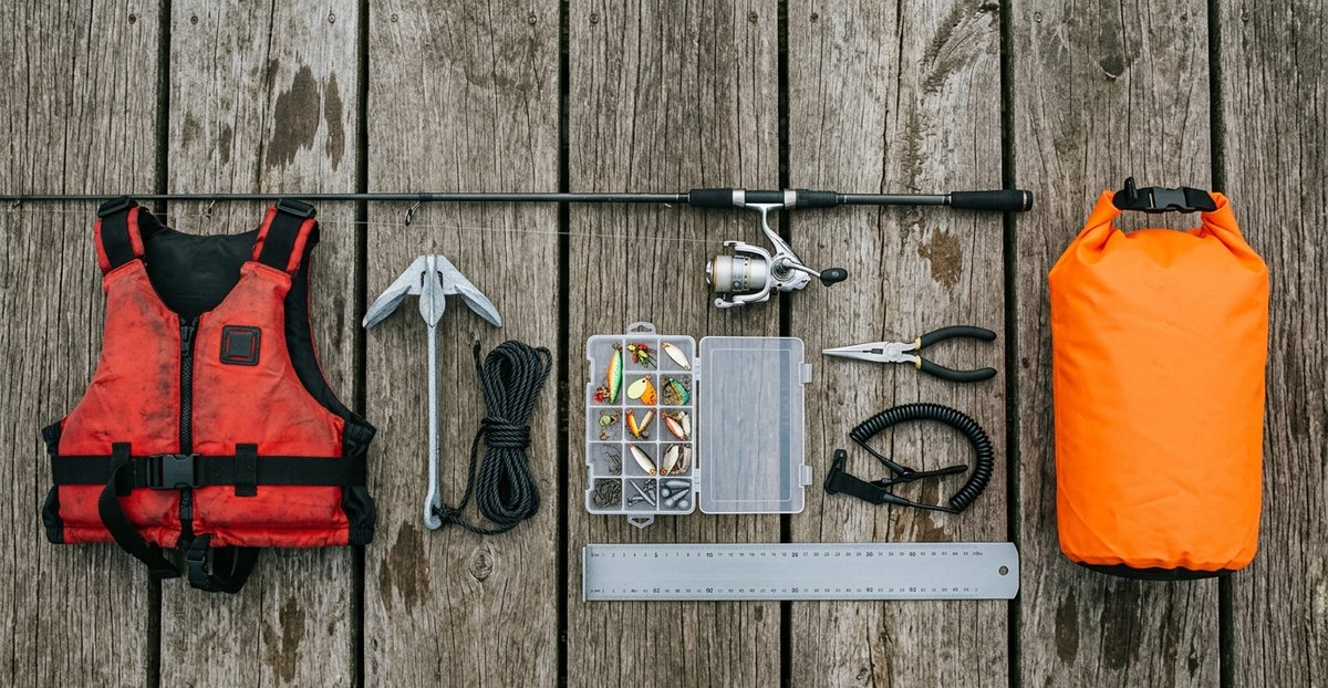 Kayak fishing gear on a wooden slipway: buoyancy aid, folding anchor, rod and reel, tackle box, paddle leash and dry bag
