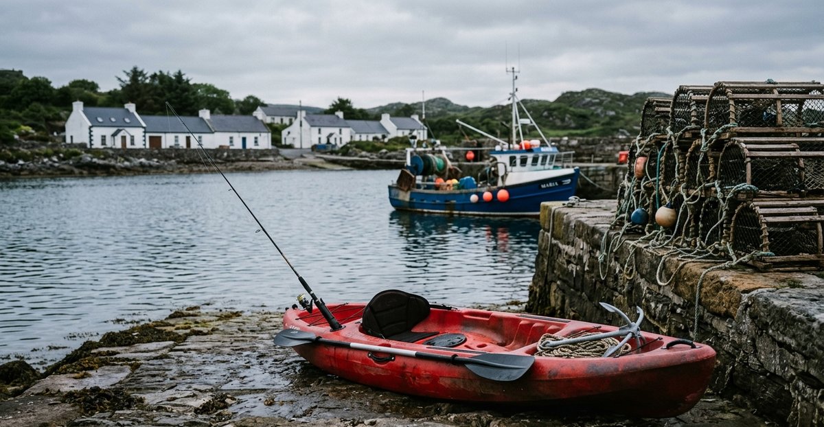 A fishing kayak on a stone slipway in a small Irish harbour on an overcast morning, with a rod, paddle and folding anchor on the deck